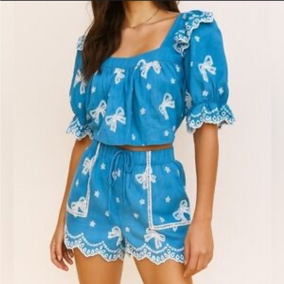 Mable Chambray Eyelet Chic Blue Ruffled Top and Shorts‎ Set with Embroidery 💓 - Picture 1 of 8